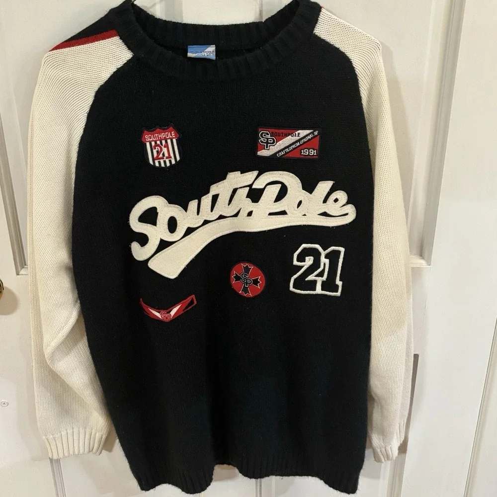 Vintage Southpole Sweater Mens Large Crewneck Pullover Black White Patch 90s Y2K